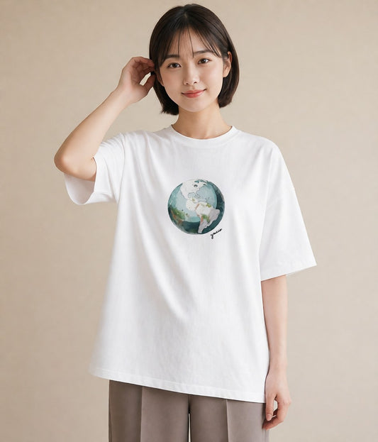 Tシャツ レディース 地球 星空 宇宙 イラスト 手描き風 デイリーウェア 休日 白T YMAZO