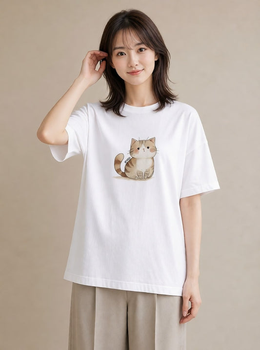 半袖Tシャツ レディース しっぽ 猫 ねこ イラスト きれいめカジュアル お揃い 親子 白T YMAZO