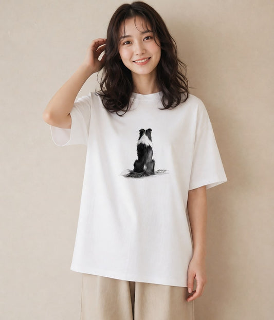 プリントTシャツ レディース ボーダーコリー 犬 いぬ イラスト 普段使い ペアコーデ 秋コーデ 白T YMAZO