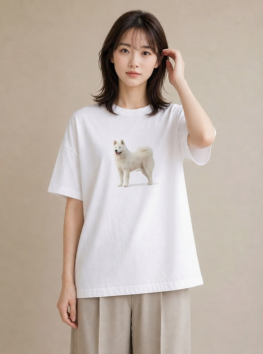 デザインTシャツ レディース サモエド 犬 いぬ イラスト こなれ感 カフェ服 クリスマス 白T