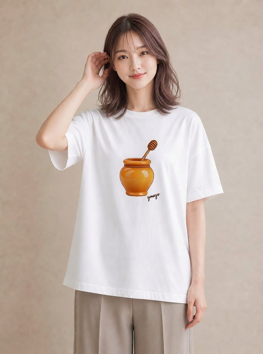 グラフィックTシャツ レディース はちみつ 食べ物 フード イラスト ユニーク デイリーウェア 休日 白T YMAZO