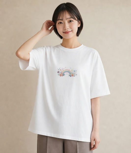 グラフィックTシャツ レディース 虹 星空 宇宙 イラスト デイリーウェア 休日 白T YMAZO