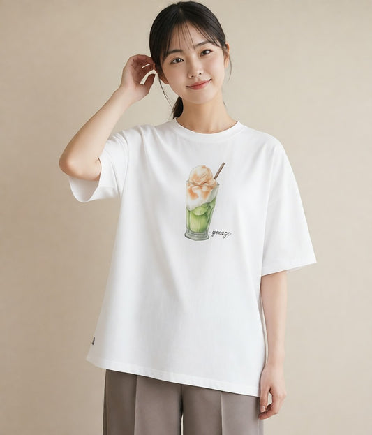 グラフィックTシャツ レディース カフェオレ 食べ物 フード イラスト ラフ 女性 旅行用 白T YMAZO