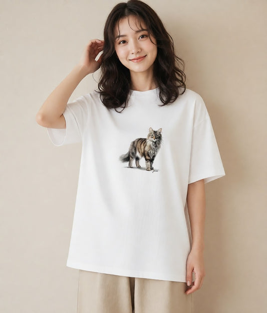 グラフィックTシャツ レディース メインクーン 猫 ねこ イラスト 秋コーデ おしゃれギフト 白T YMAZO