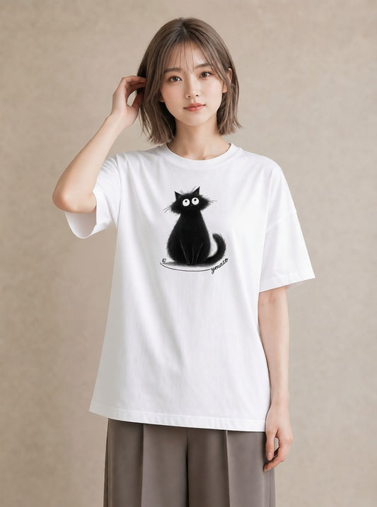 デザインTシャツ レディース 黒猫 猫 ねこ イラスト きれいめカジュアル 自分用 ルームウェア 白T YMAZO