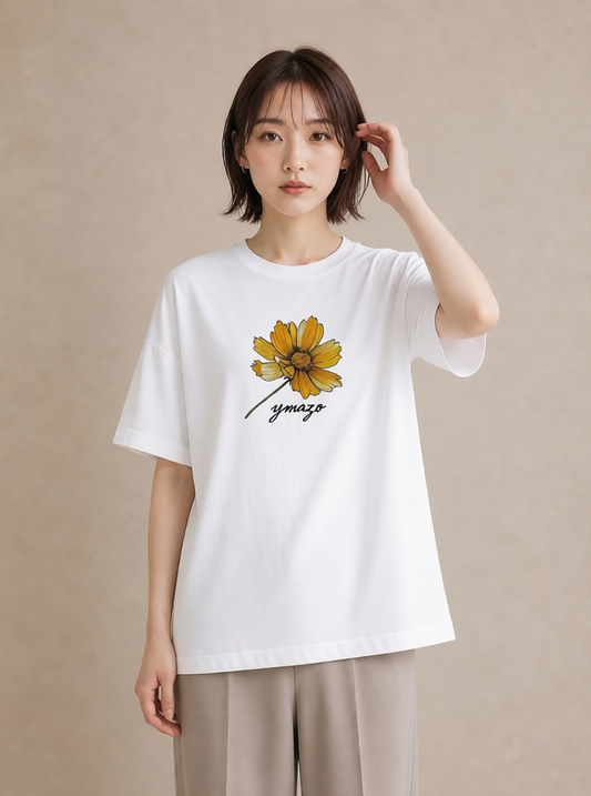 Tシャツ レディース デイジー 花 花柄 イラスト アート風 通勤 在宅 白T YMAZO