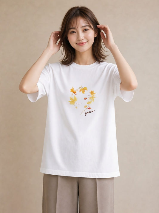半袖Tシャツ レディース 落ち葉 植物 ボタニカル イラスト ミニマル 20代 カジュアルコーデ 白T YMAZO