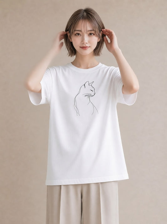 半袖Tシャツ レディース 猫 ねこ ネコ イラスト 淡色 社会人 女性 白T YMAZO