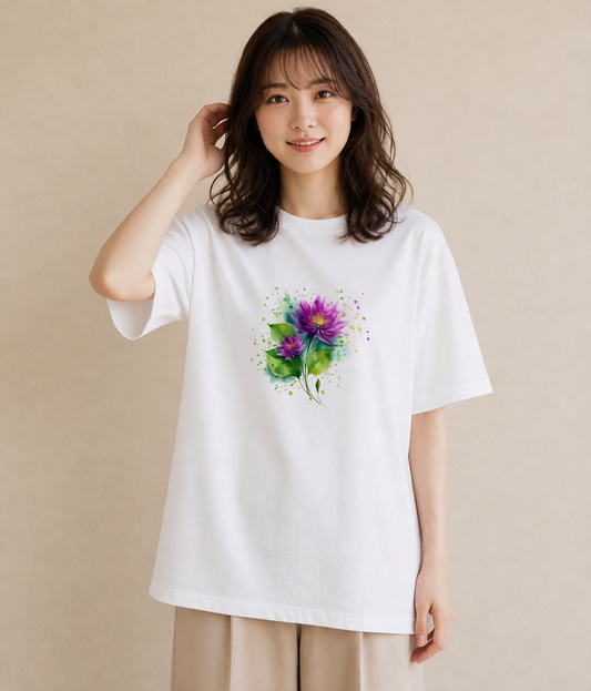 デザインTシャツ レディース 蓮 花 花柄 イラスト ミニマル 綿100 デート 白T YMAZO