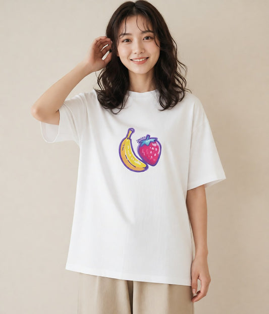 Tシャツ レディース バナナ 食べ物 フード イラスト 休日コーデ 公園 ママ 白T YMAZO