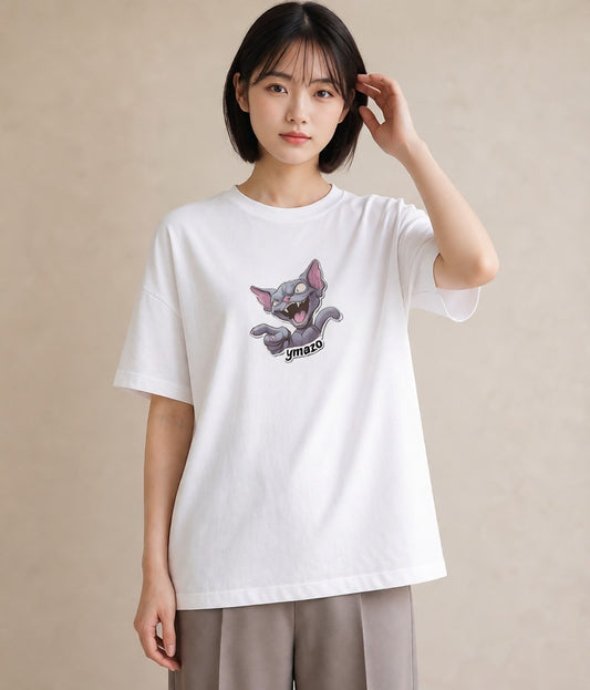 プリントTシャツ レディース スフィンクス 猫 ねこ イラスト ラフ ビーチ デイリーウェア 白T YMAZO