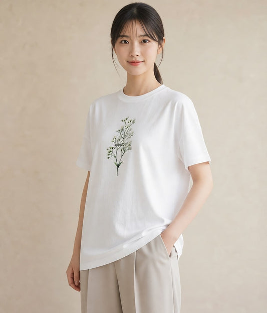 デザインTシャツ レディース カスミソウ かすみ草 花 花柄 イラスト カフェコーデ ペアコーデ 秋コーデ 白T YMAZO