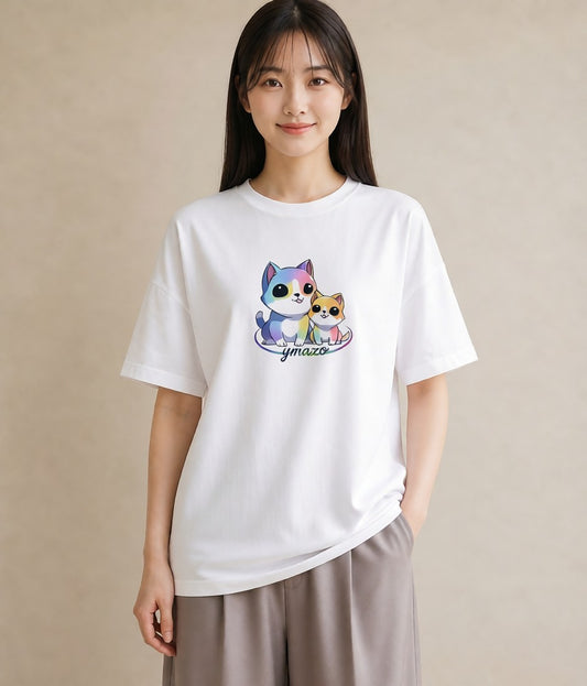 プリントTシャツ レディース ニャンコ 猫 ねこ イラスト モード お出かけ 普段着 白T YMAZO