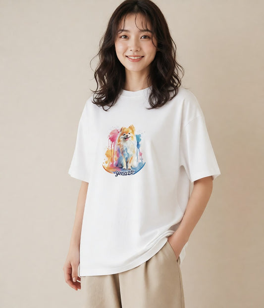 デザインTシャツ レディース ポメラニアン ポメ 犬 いぬ イラスト アート風 友達ギフト 部屋着 白T YMAZO