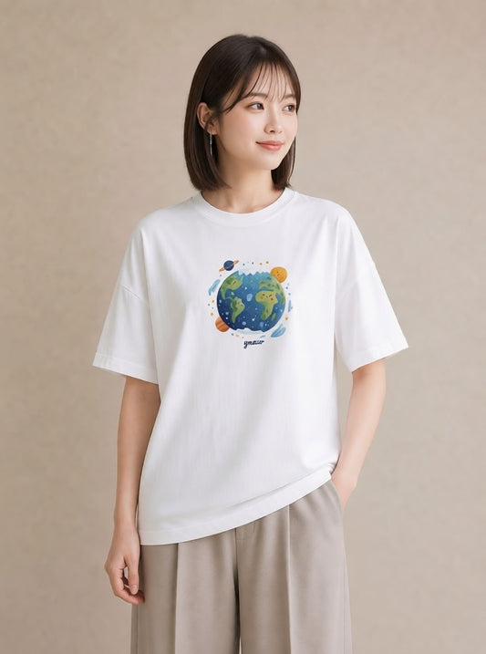 デザインTシャツ レディース プラネット 星空 宇宙 イラスト 抜け感 母の日 ビーチ 白T YMAZO