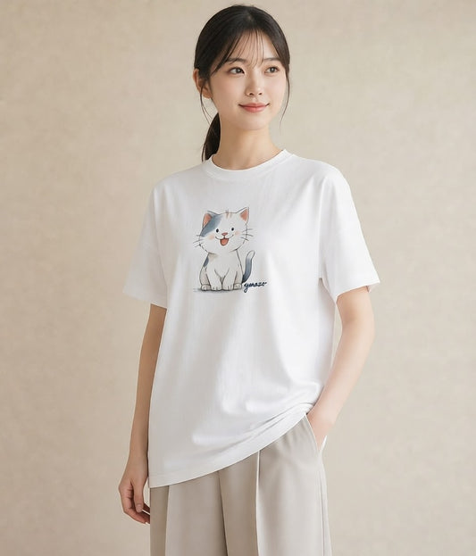 プリントTシャツ レディース ニャンコ 猫 ねこ イラスト 水彩風 デート 帰省 白T YMAZO