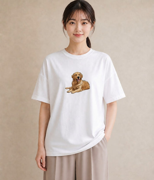 デザインTシャツ レディース ゴールデンレトリバー ゴールデン 犬 いぬ イラスト きれいめカジュアル ママ カフェ服 白T YMAZO