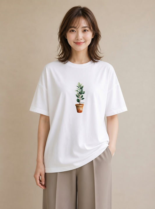 半袖Tシャツ レディース つる 植物 ボタニカル イラスト 可愛い ラフ レイヤード 白T YMAZO