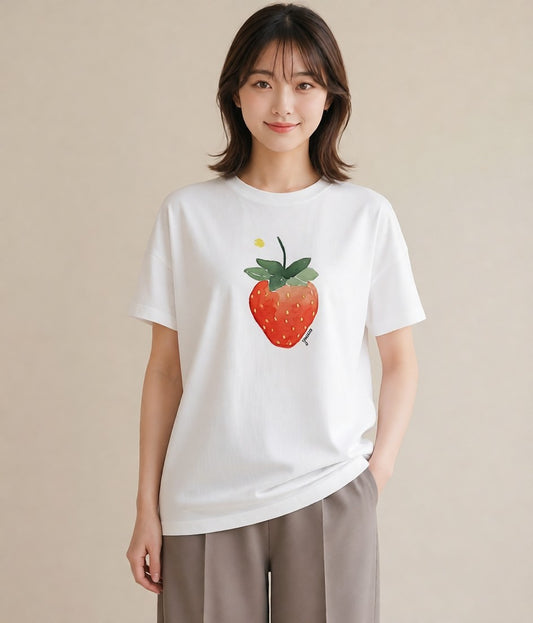 プリントTシャツ レディース いちご 苺 ストロベリー 食べ物 フード イラスト 韓国風 週末コーデ 敬老の日 白T YMAZO