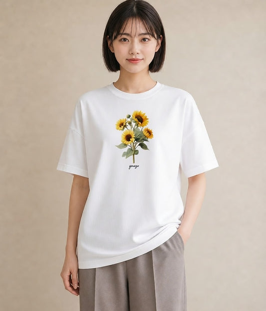 デザインTシャツ レディース ひまわり 向日葵 花 花柄 イラスト ラフカジュアル 部屋着 女性向けギフト 白T YMAZO
