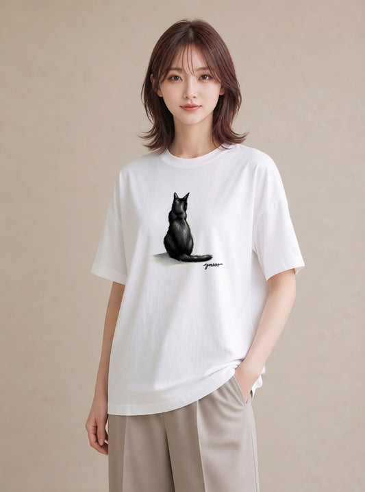 Tシャツ レディース 黒猫 猫 ねこ イラスト ユニーク 散歩 お出かけ 白T YMAZO