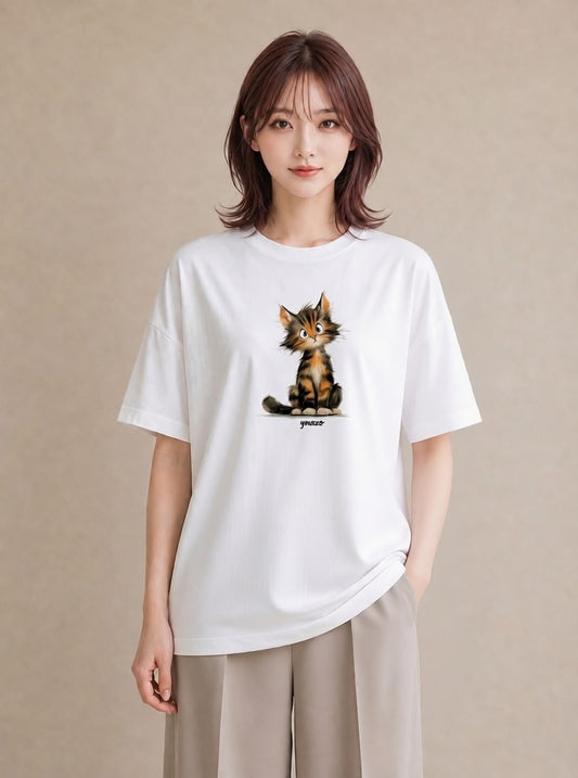 半袖Tシャツ レディース ぶち猫 猫 ねこ イラスト カフェコーデ 公園 ママ 白T YMAZO