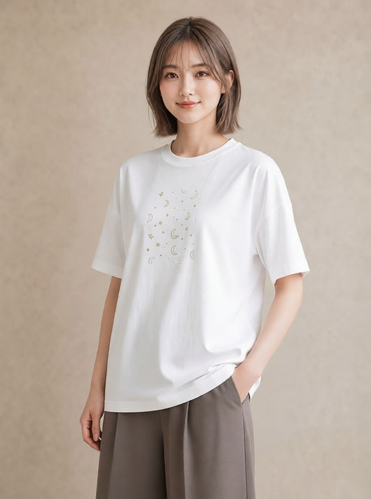 プリントTシャツ レディース 月と星 星空 ムーン イラスト フェミニン 敬老の日 ホワイトデー 白T YMAZO