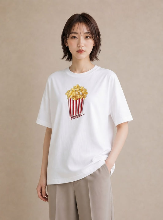 Tシャツ レディース ポップコーン 食べ物 フード イラスト 抜け感 ギフト 母の日 白T YMAZO