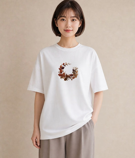 半袖Tシャツ レディース 落ち葉 植物 ボタニカル イラスト 上品 夏コーデ 通学 白T YMAZO