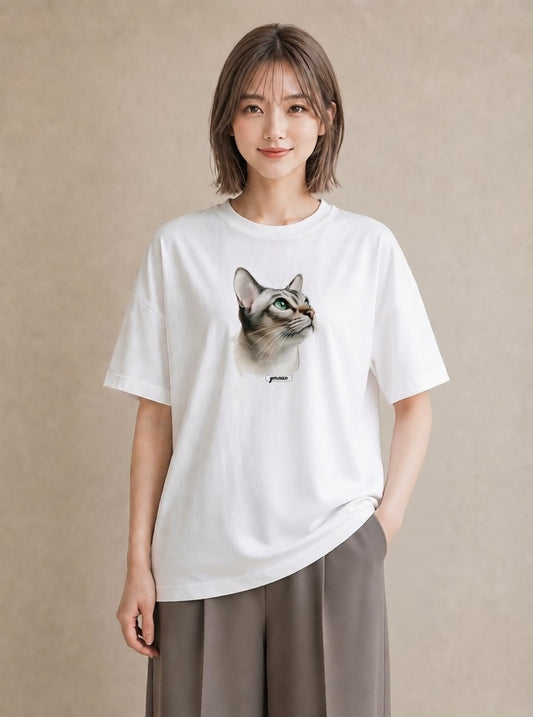 デザインTシャツ レディース 白猫 猫 ねこ イラスト アート風 敬老の日 ホワイトデー 白T YMAZO