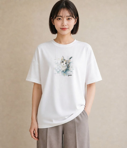 半袖Tシャツ レディース サバトラ 猫 ねこ イラスト ナチュラル ギフト 母の日 白T YMAZO
