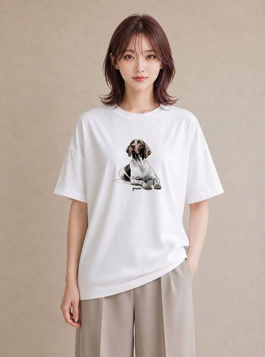 デザインTシャツ レディース 老犬 犬 いぬ イラスト 可愛い ラフ レイヤード 白T YMAZO