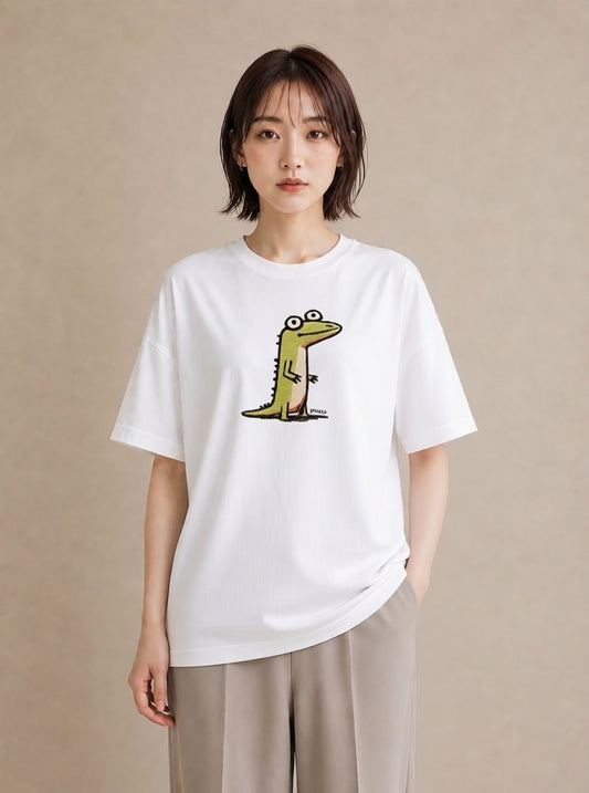デザインTシャツ レディース ヤモリ ペット 動物 イラスト ヴィンテージ風 海 カフェ巡り 白T YMAZO