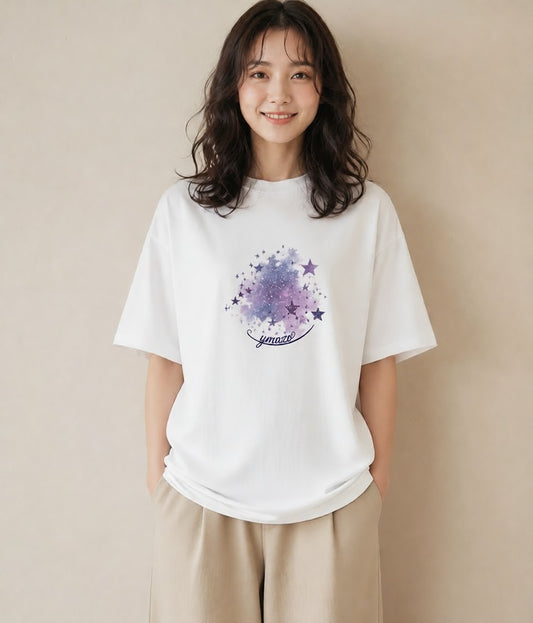 プリントTシャツ レディース 星空 宇宙 イラスト モード 20代 カジュアルコーデ 白T YMAZO