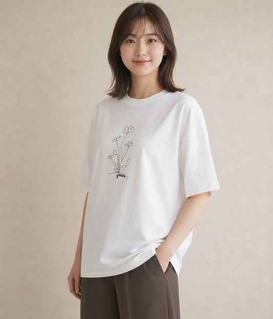 Tシャツ レディース 小花 花 フラワー イラスト 水彩風 母の日 ビーチ 白T YMAZO