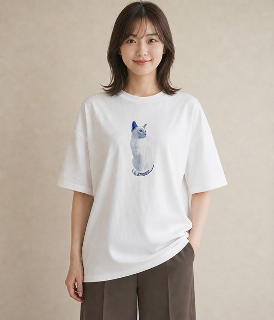 Tシャツ レディース シャム 猫 ねこ イラスト カジュアル 通学 誕生日プレゼント 白T YMAZO