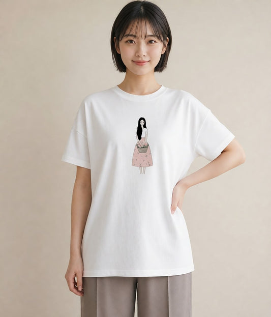 グラフィックTシャツ レディース 自転車のかご 自転車 花かご ナチュラル アンティーク イラスト シック 敬老の日 ホワイトデー 白T YMAZO