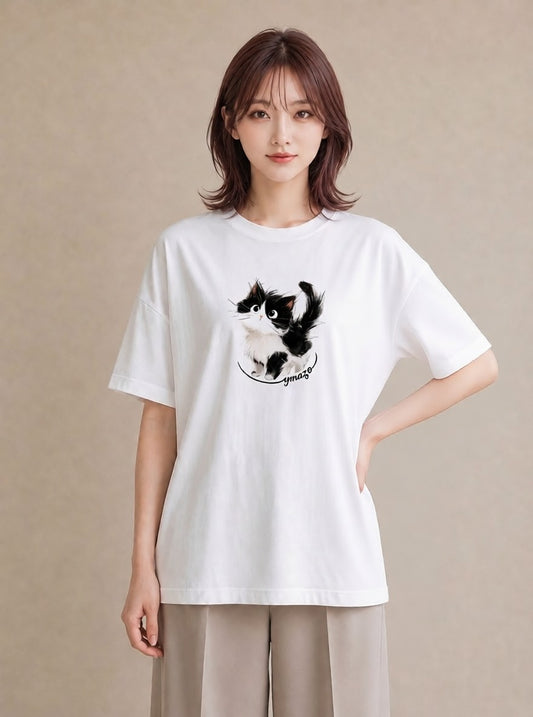 デザインTシャツ レディース ハチワレ 白黒猫 猫 ねこ イラスト 抜け感 デイリーウェア 休日 白T YMAZO
