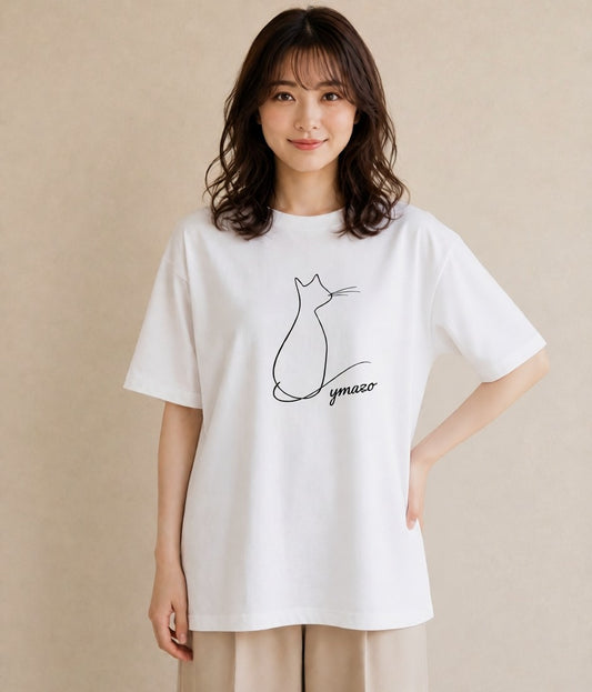デザインTシャツ レディース 猫 ねこ ネコ イラスト ナチュラル 誕生日プレゼント 綿100 白T YMAZO