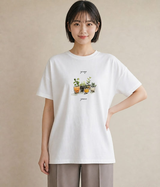 半袖Tシャツ レディース 多肉植物 植物 ボタニカル イラスト 線画 ホワイトデー 春服 白T YMAZO