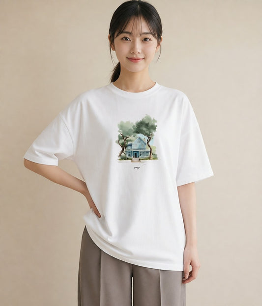 プリントTシャツ レディース 湖畔の小屋 湖 小屋 ナチュラル アンティーク イラスト アート風 ミセス 春コーデ 白T