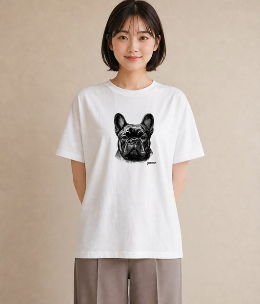 プリントTシャツ レディース フレンチブルドッグ フレブル 犬 いぬ イラスト フェミニン カフェ服 クリスマス 白T YMAZO