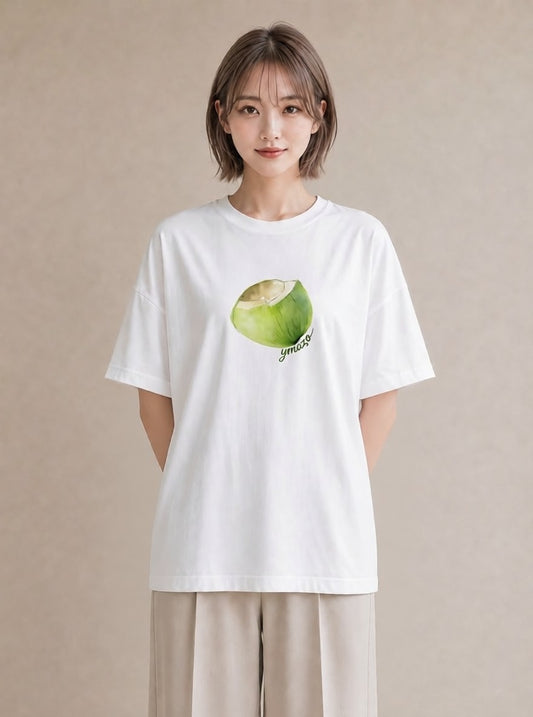 半袖Tシャツ レディース りんご 林檎 アップル 食べ物 フード イラスト 休日コーデ 公園 ママ 白T YMAZO