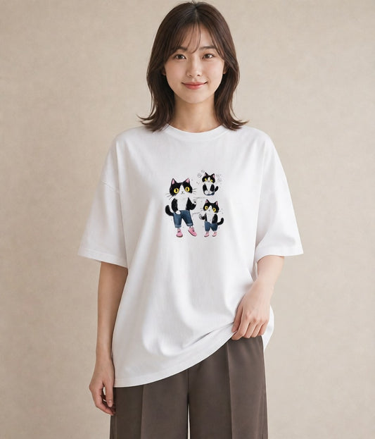 Tシャツ レディース ハチワレ 白黒猫 猫 ねこ イラスト ゆるかわ ビーチ デイリーウェア 白T YMAZO