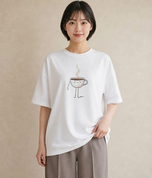 プリントTシャツ レディース コーヒー カフェ 珈琲 イラスト ガーリー 休日 ペアコーデ 白T YMAZO