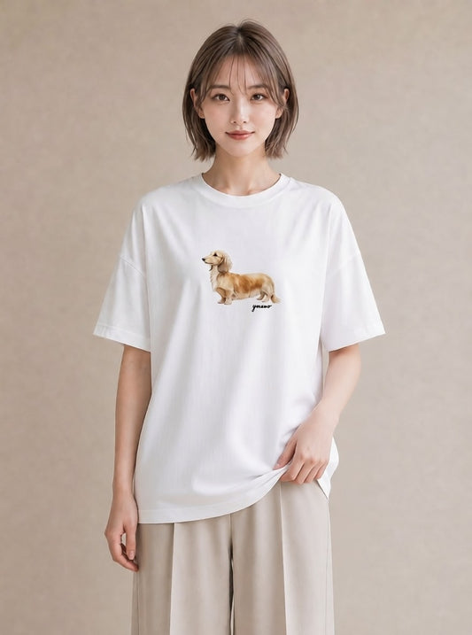 Tシャツ レディース ミニチュアダックスフンド 犬 いぬ イラスト シンプル 休日 ペアコーデ 白T YMAZO