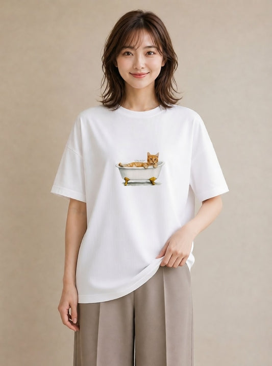 プリントTシャツ レディース 茶トラ 茶猫 猫 ねこ イラスト 北欧風 デイリーウェア 休日 白T YMAZO