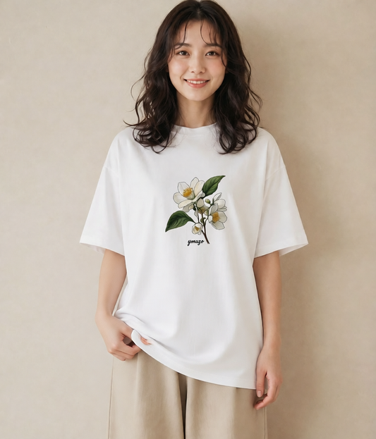 デザインTシャツ レディース 椿 花 花柄 イラスト ポップ 夏コーデ 通学 白T YMAZO
