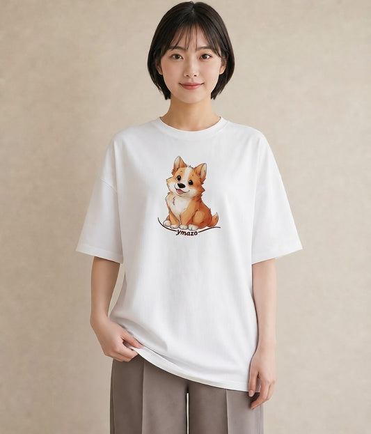 グラフィックTシャツ レディース ウェルシュコーギー コーギー 犬 いぬ イラスト 線画 自分用 ルームウェア 白T YMAZO