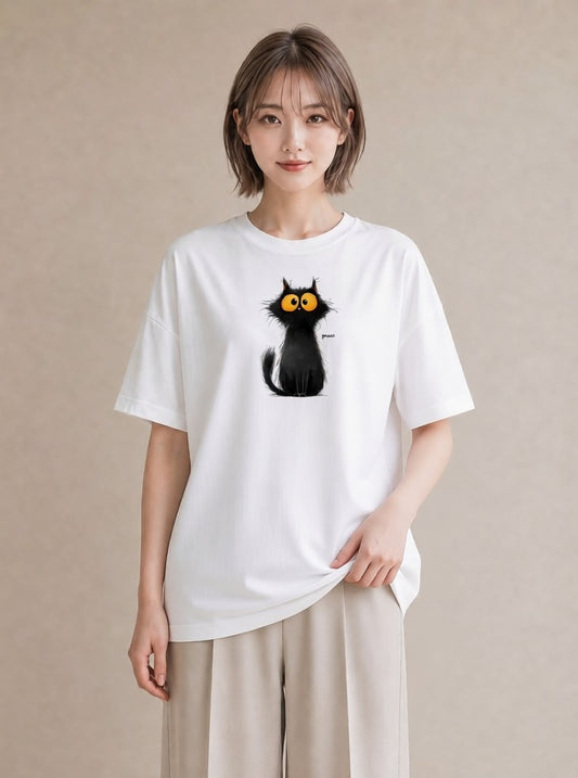 Tシャツ レディース 黒猫 猫 ねこ イラスト フェミニン 散歩 お出かけ 白T YMAZO